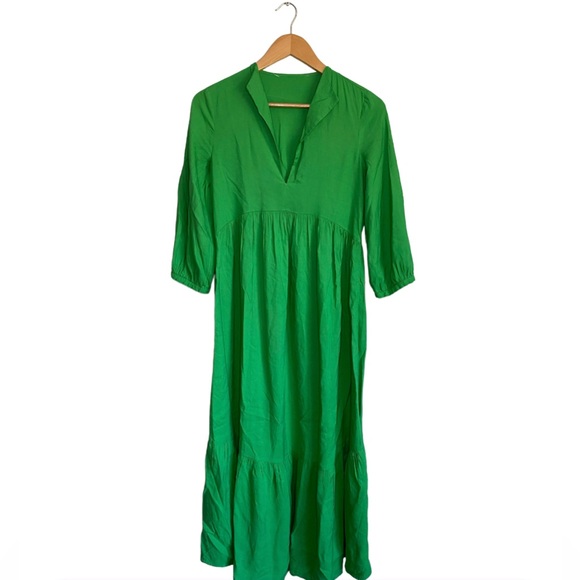 Zara Dresses & Skirts - Zara Bright Kelly Green Linen and Viscose Maxi Dress 3/4 Button Sleeve Sz Medium
